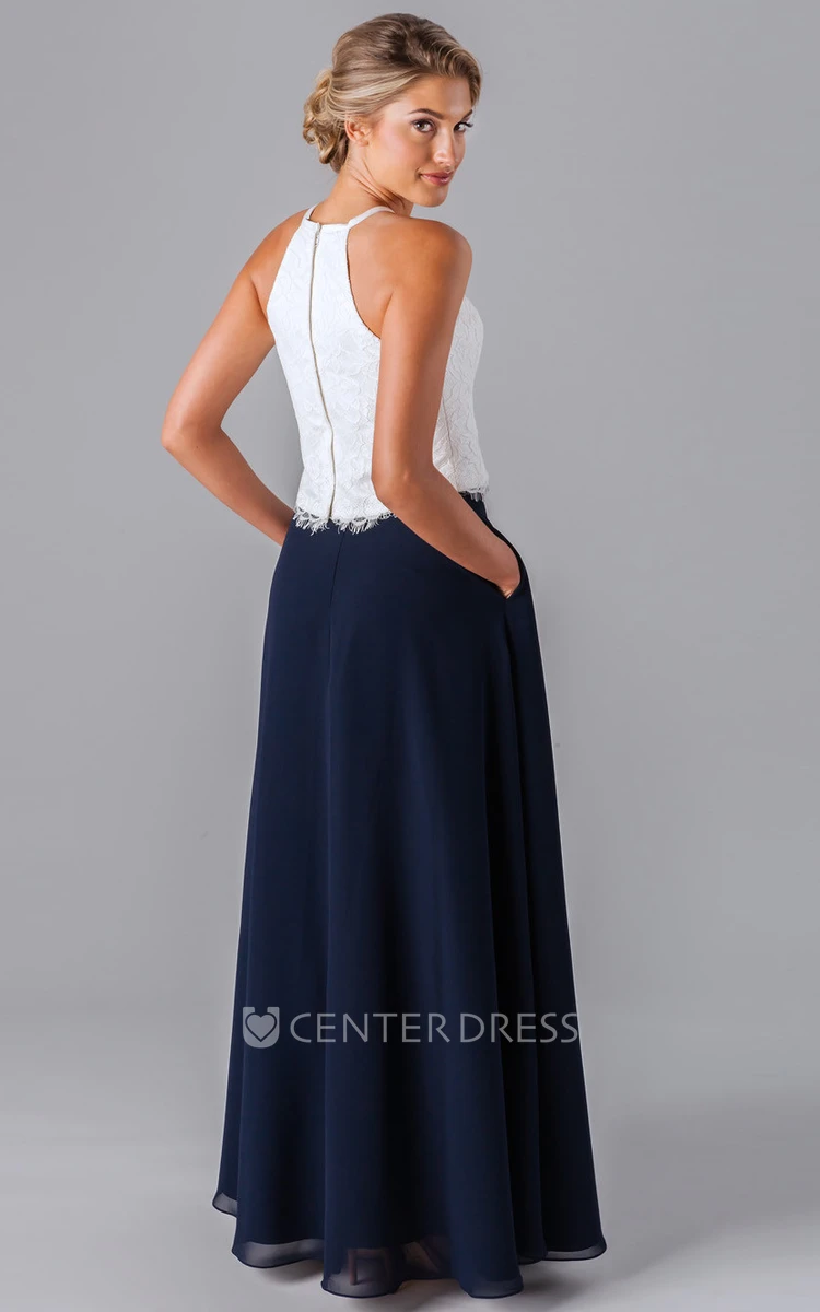 A-Line Sleeveless Floor-Length Chiffon&Lace Bridesmaid Dress With Zipper Back