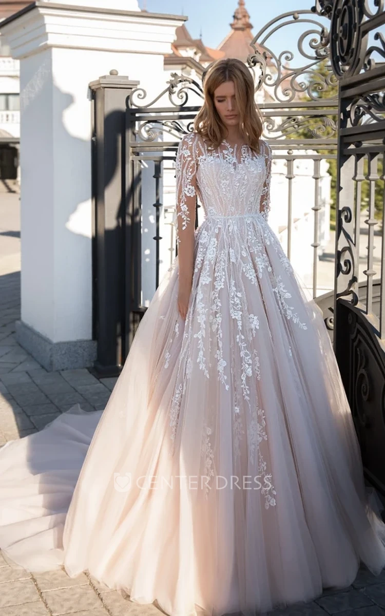 Ethereal A Line Ball Gown Floor-length Long Sleeve Tulle Wedding Dress with Appliques