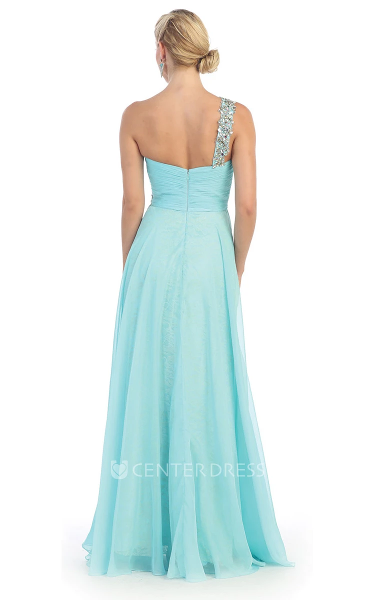 A-Line Maxi One-Shoulder Chiffon Lace Zipper Dress With Ruching And Beading