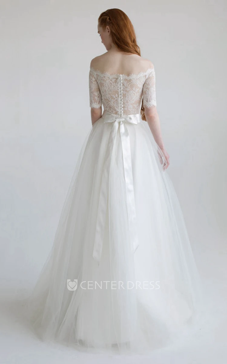 Ball Gown Floor-Length Appliqued Short-Sleeve Off-The-Shoulder Tulle&Satin Wedding Dress With Bow