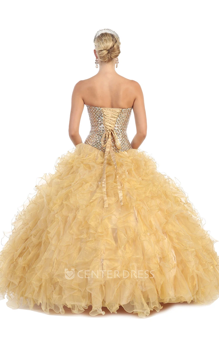 Ball Gown Maxi Strapless Organza Corset Back Dress With Ruffles And Beading