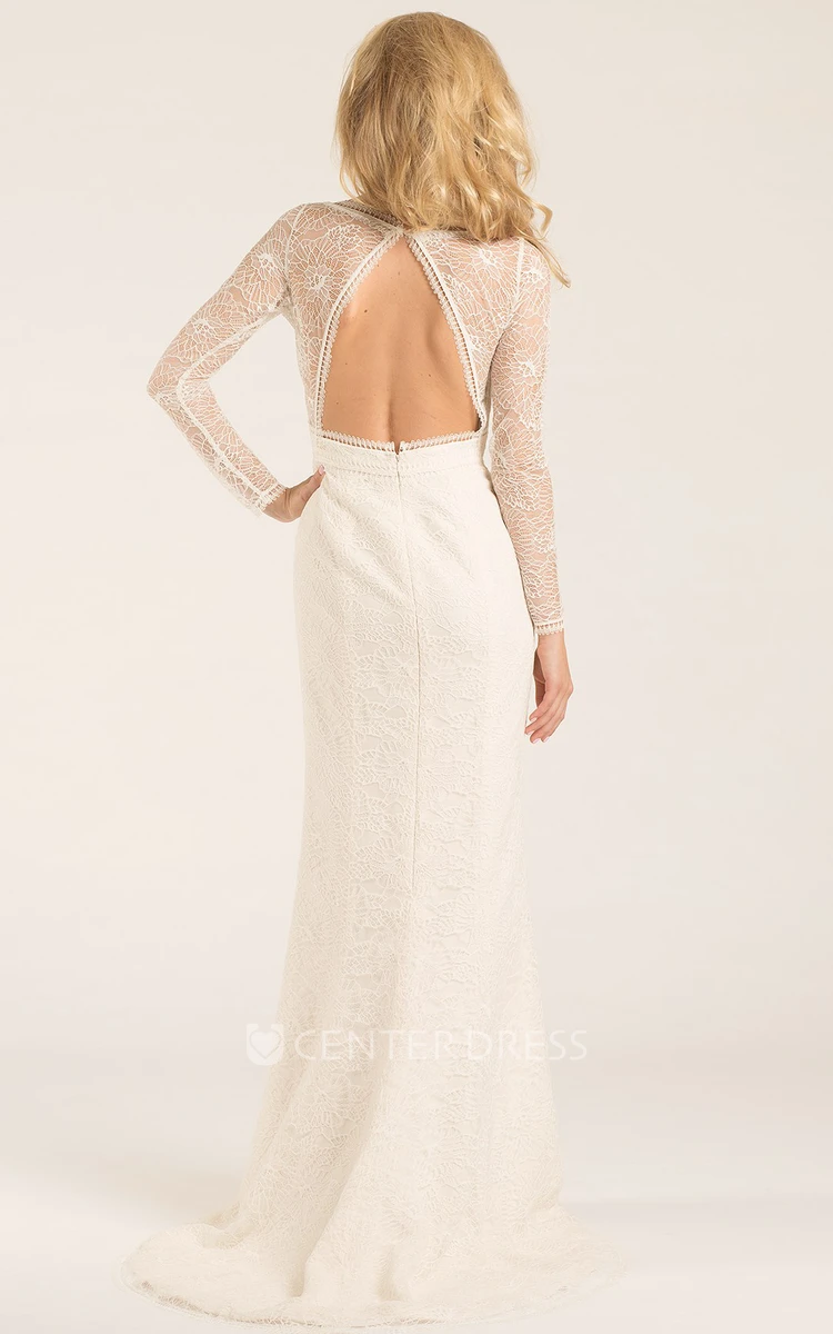 Sheath Long-Sleeve V-Neck Lace Wedding Dress With Keyhole
