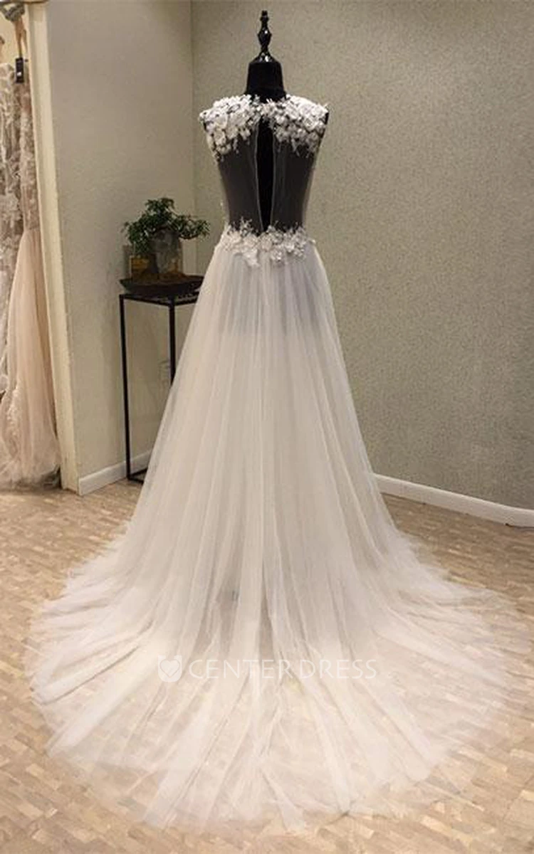 Enchanting V-neck Sleeveless Brush Train Tulle Wedding Dress with Appliques