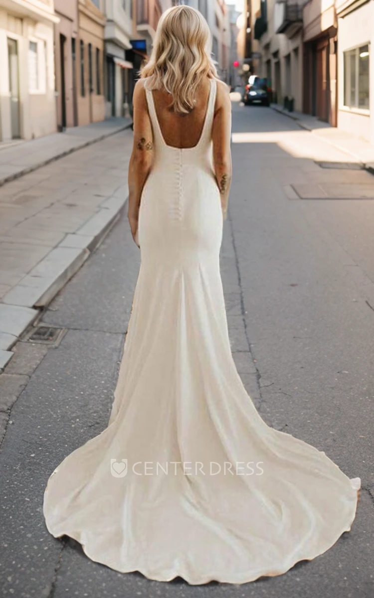 Minimalist Straps Sleeveless Satin Wedding Dress Simple Elegant Low Back Gown with Sweep Train