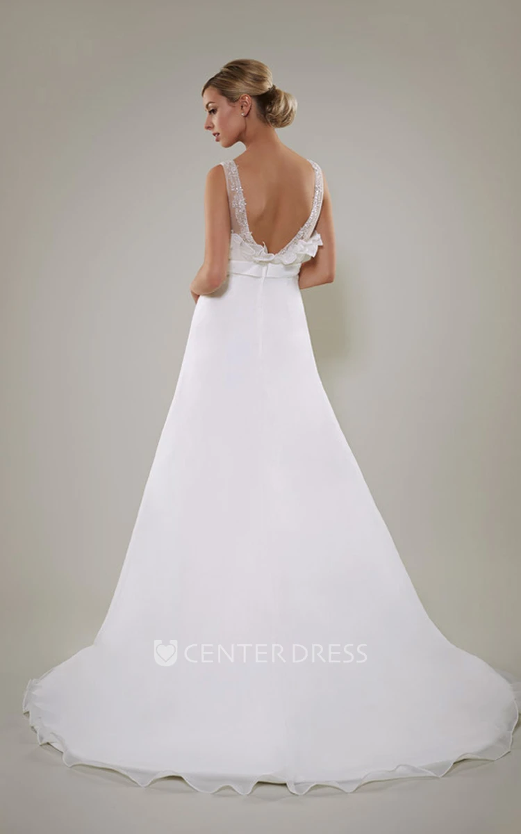A-Line V-Neck Sleeveless Beaded Long Satin Wedding Dress With Deep-V Back And Ruffles