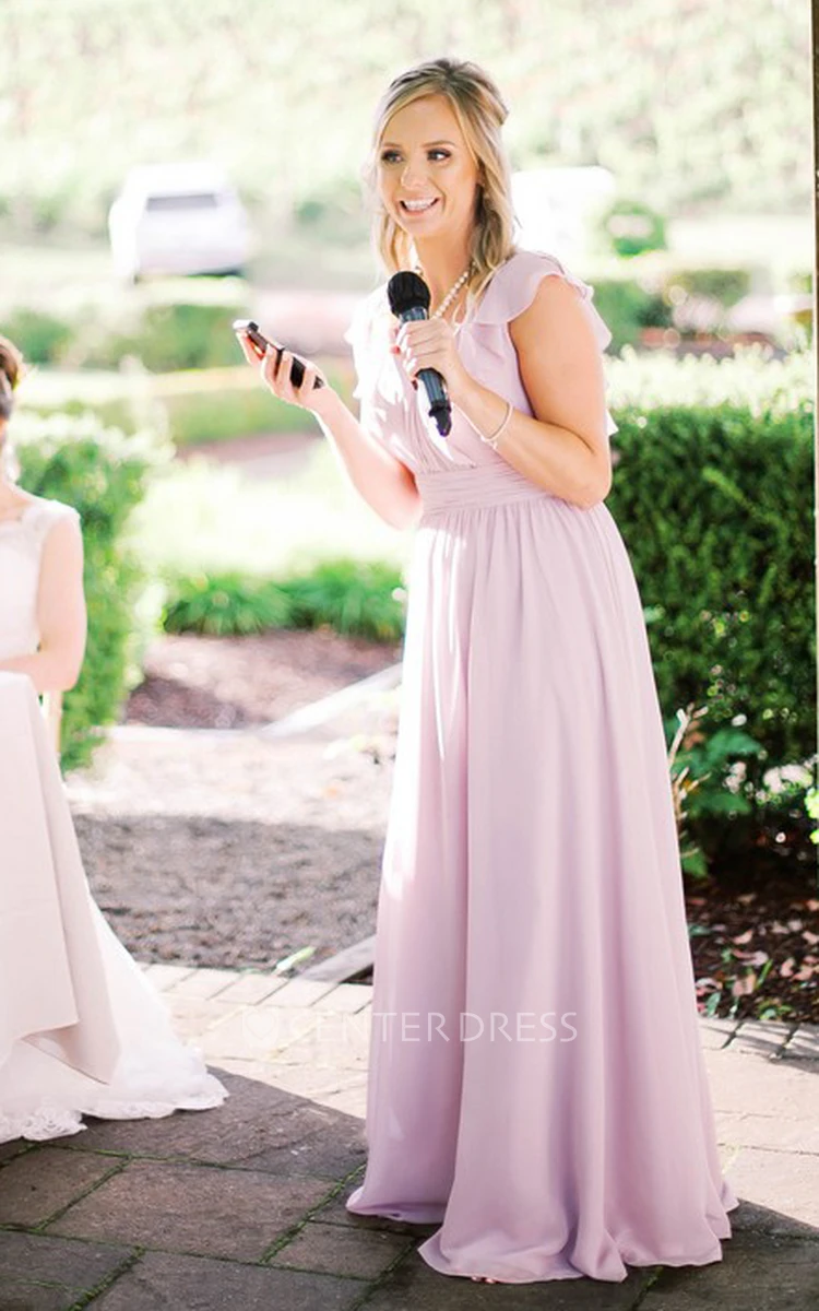 Casual A Line V-neck Chiffon Bridesmaid Dress With Cap Sleeves And Deep-V Back