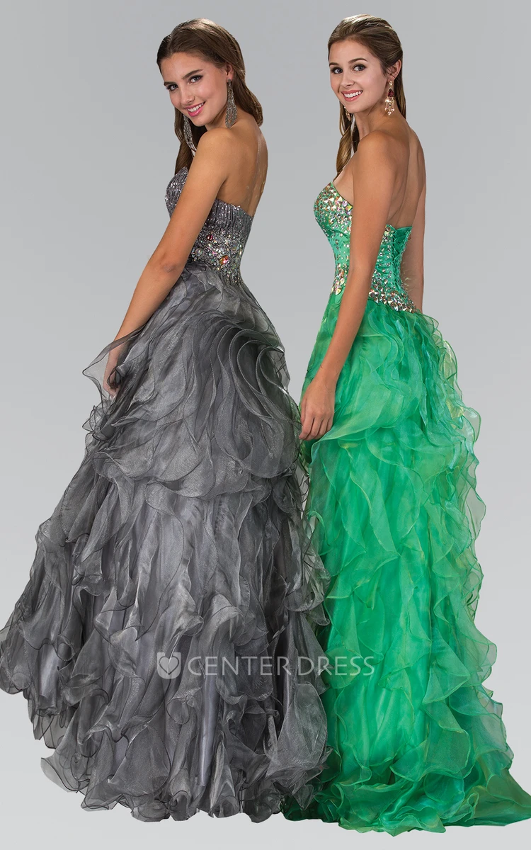 A-Line Long Sweetheart Sleeveless Organza Backless Dress With Beading And Ruffles