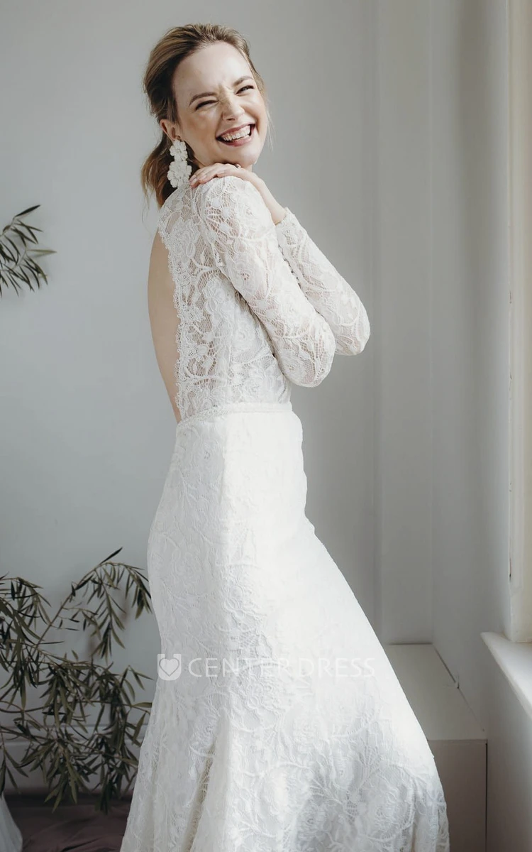Plunging V-neck Sexy Sheath Lace Bridal Gown With Long Sleeves And Keyhole Back