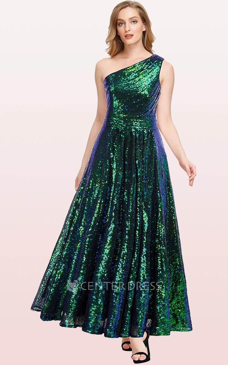 Vintage Sequins Ankle-length One-shoulder A Line Sleeveless Bridesmaid Dress With Ruching