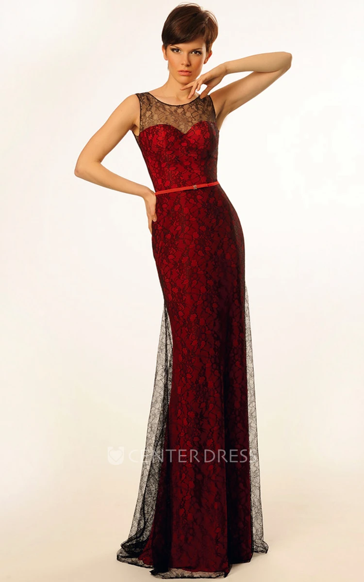 Sheath Appliqued Sleeveless Floor-Length Scoop Lace Prom Dress With Low-V Back And Sweep Train