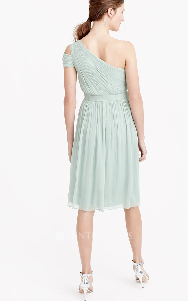 Knee-Length Ruched One-Shoulder Sleeveless Chiffon Bridesmaid Dress With Straps