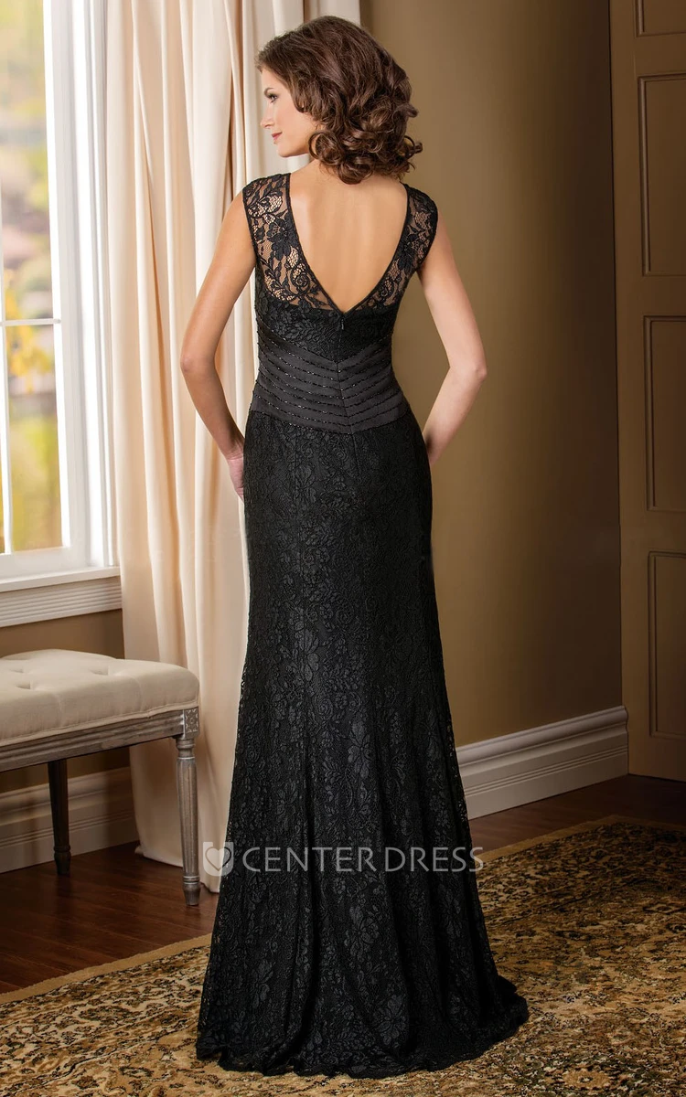 Cap-Sleeved Long Lace Mother Of The Bride Dress With Beadings And V-Back