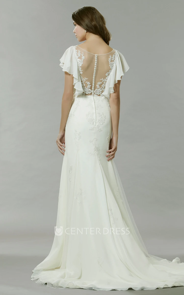 Poet-Sleeve Bateau-Neck Chiffon Wedding Dress With Illusion