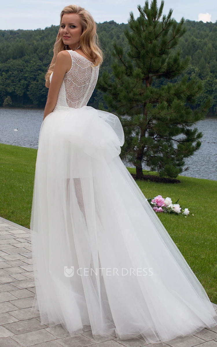 Square Floor-Length Lace Tulle Wedding Dress With Bow And Illusion