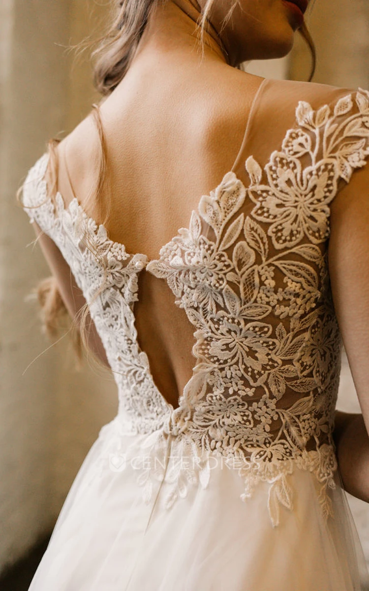 A-Line Charming Low V-Neck Floor Length Adorable Keyhole Tulle Lace Appliqued Wedding Dress