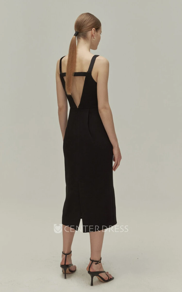Casual Pencil Tea-length Sleeveless Jersey Evening Dress with Split Back