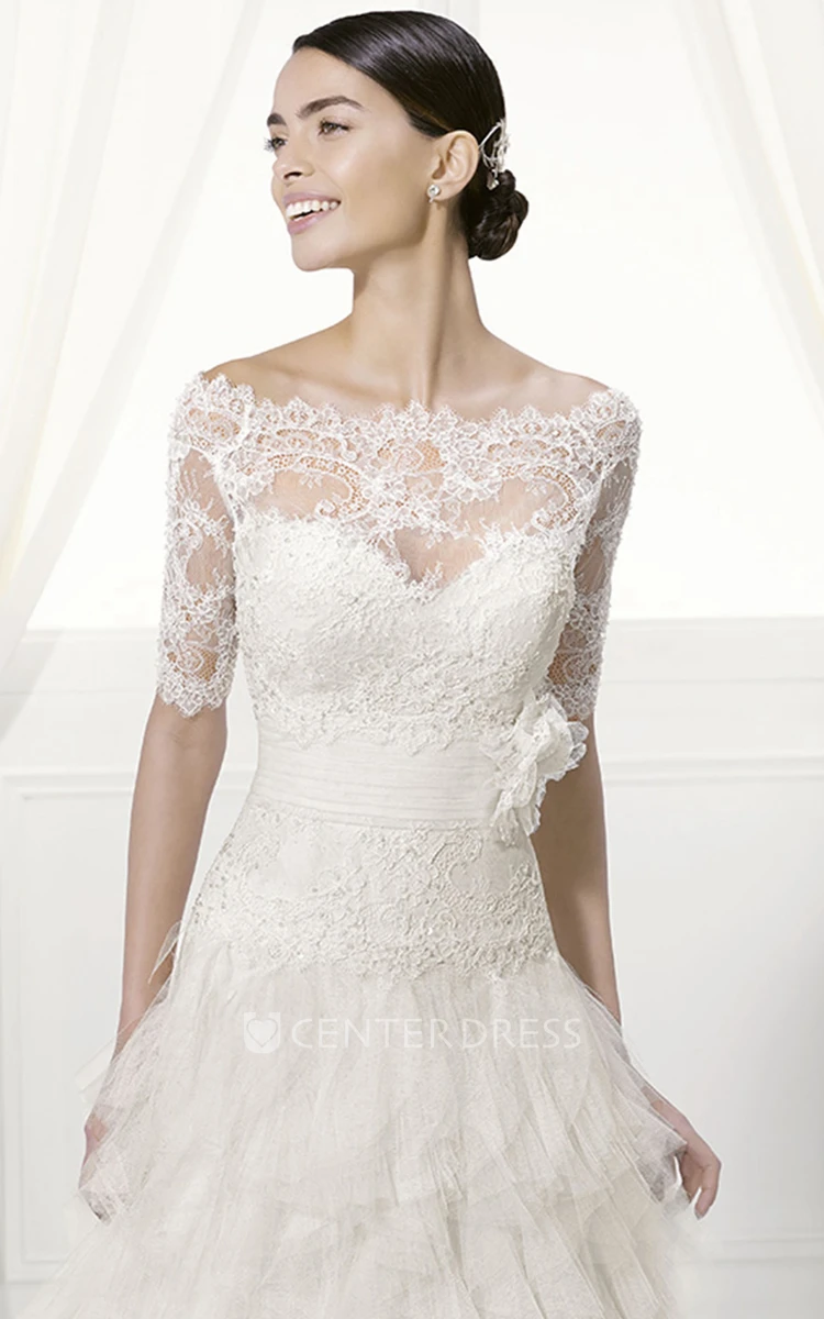 Sweetheart Lace Top Tiered Tulle Gown With Removable Off-Shoulder Half Sleeves