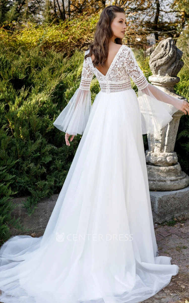 Charming Plunging Neck A Line Tulle Sweep Train Wedding Dress with Appliques