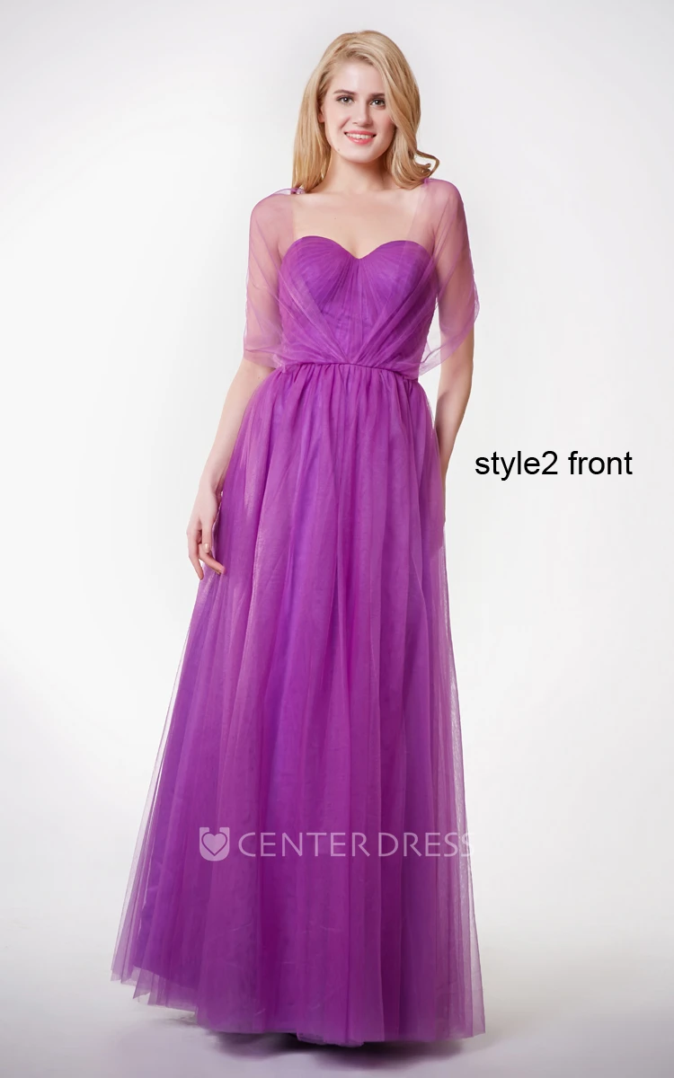 Sleeveless Pleated A-line Tulle Gown With Convertible Straps