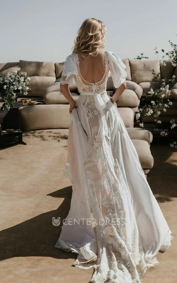 Ethereal Floral A-Line Boho Lace V-Neck Wedding Dress Whimsical Modest Flutter Sleeve Illusion Low Back Bridal Gown with Train