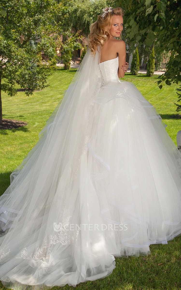 Maxi Sweetheart Floral Draped Tulle Wedding Dress With Chapel Train And Corset Back