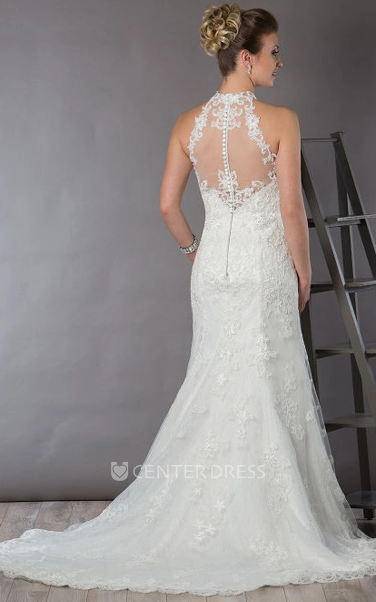 High Neck Illusion Back Sheath Bridal Gown With Allover Lace