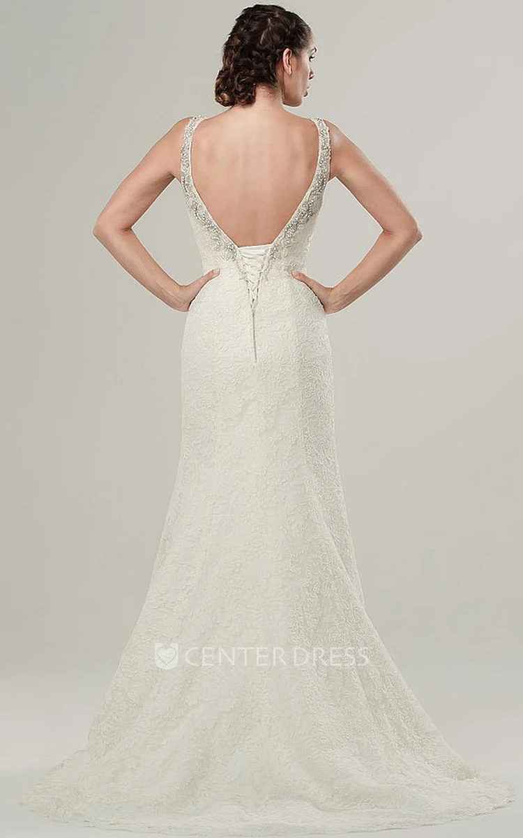 Mermaid Sleeveless V-Neck Appliqued Maxi Lace Wedding Dress With Beading