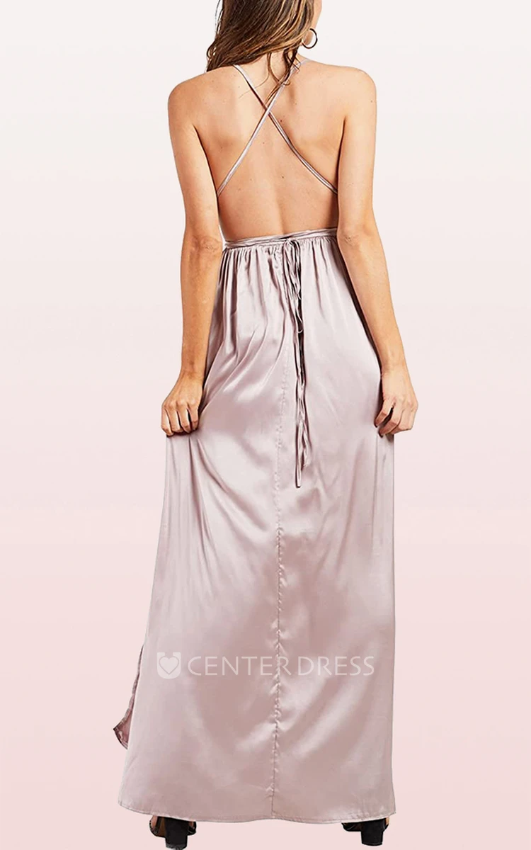 Romantic A Line Satin V-neck Cowel Guest Dress With Split Front and Ruffles