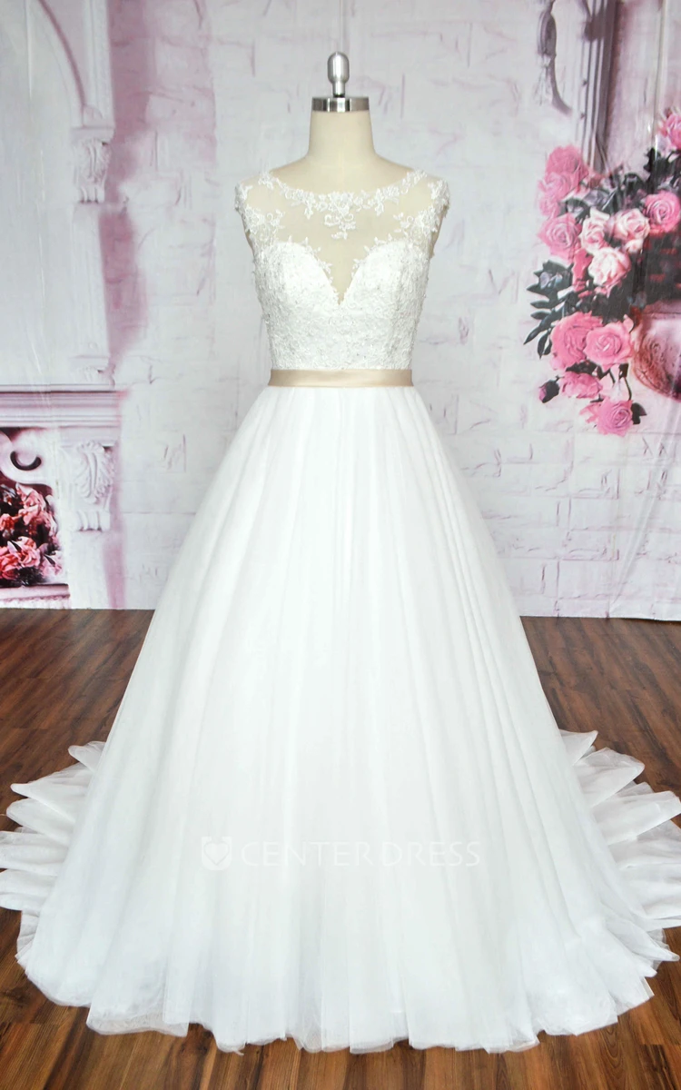 Deep V-back A-line Tulle Ballgown Sleeveless Wedding Dress With Illusion Neckline