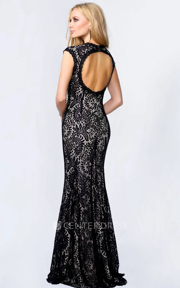 Sheath Floor-Length V-Neck Sleeveless Lace Keyhole Dress With Pleats