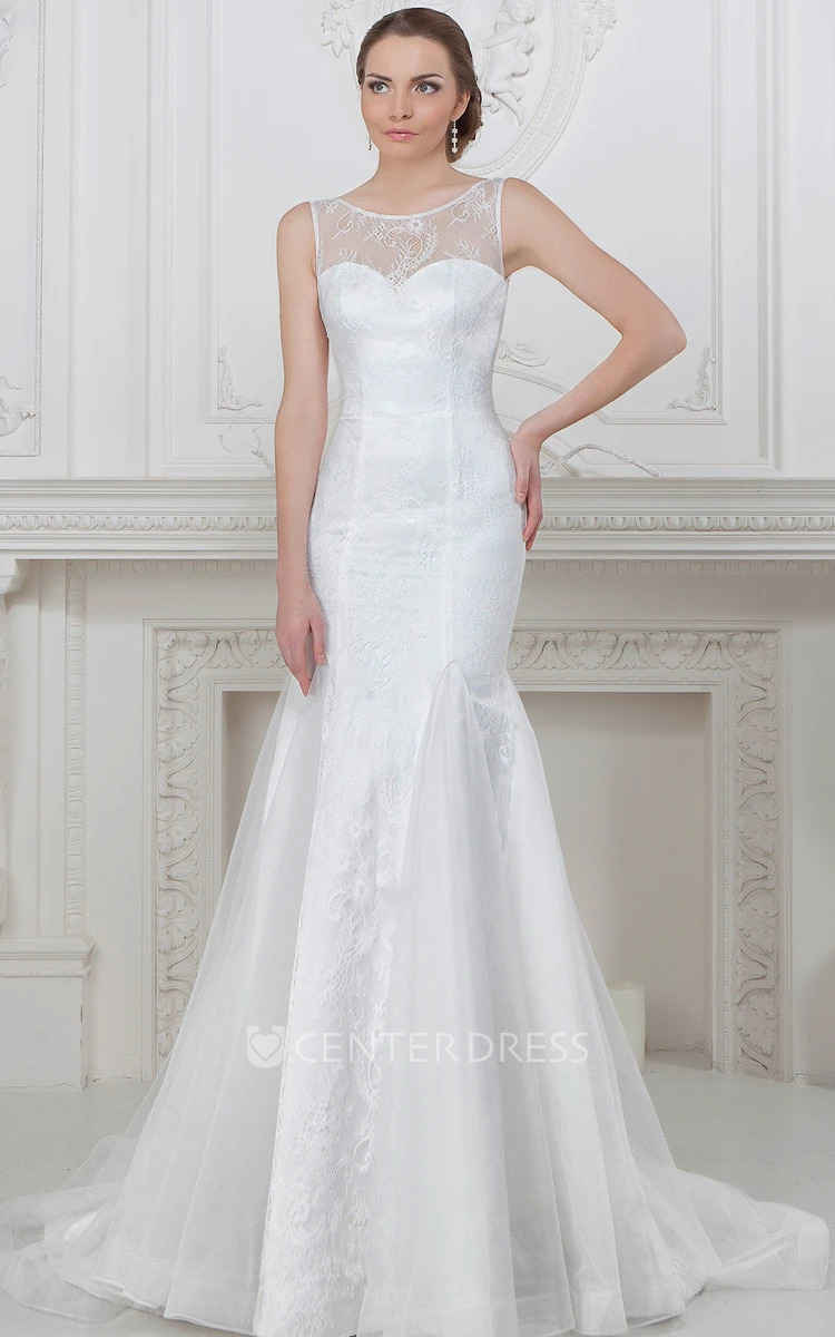 Sheath Sleeveless Scoop-Neck Long Appliqued Lace&Satin Wedding Dress