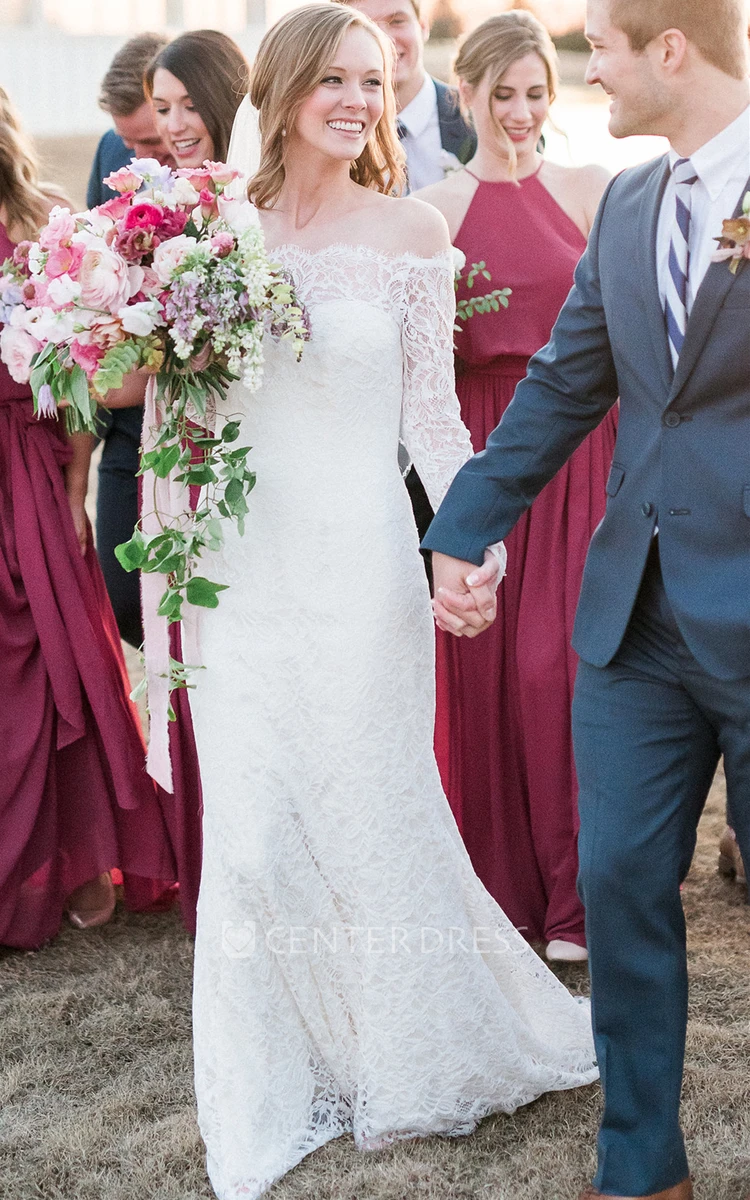 Simple Sheath Off-the-shoulder Lace Sweep Train Long Sleeve Wedding Dress