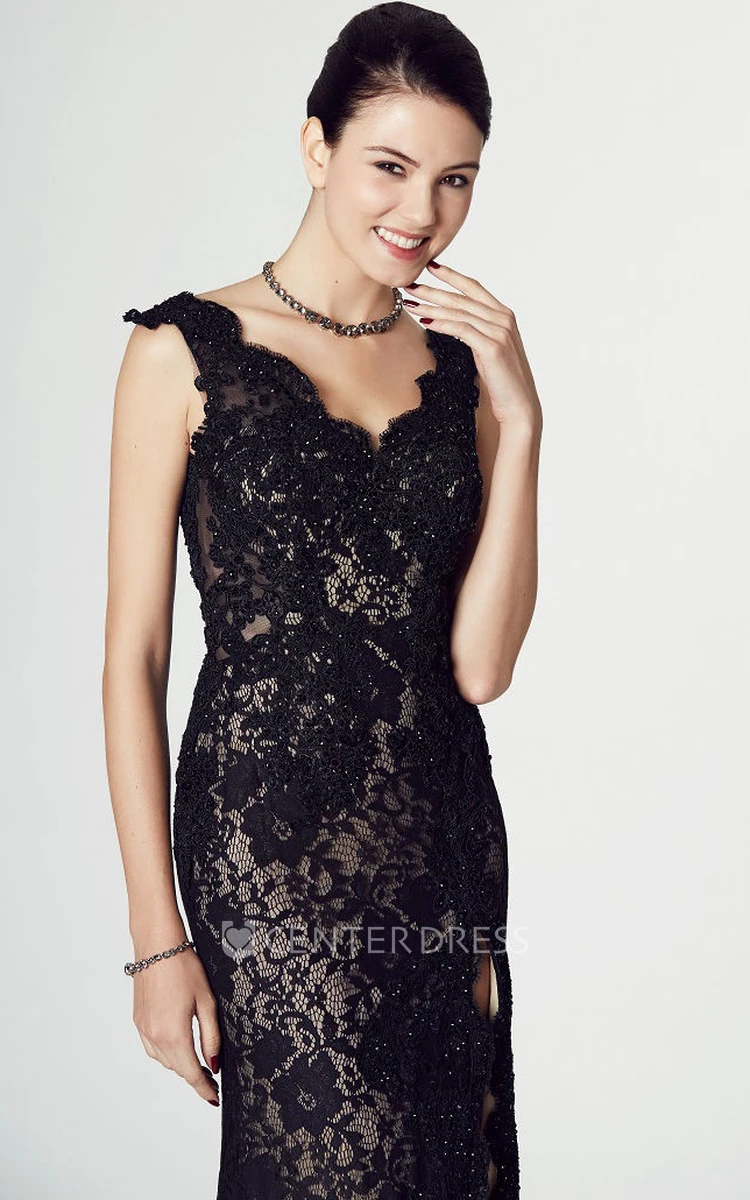 Sheath Split-Front Sleeveless V-Neck Long Lace Prom Dress With Appliques