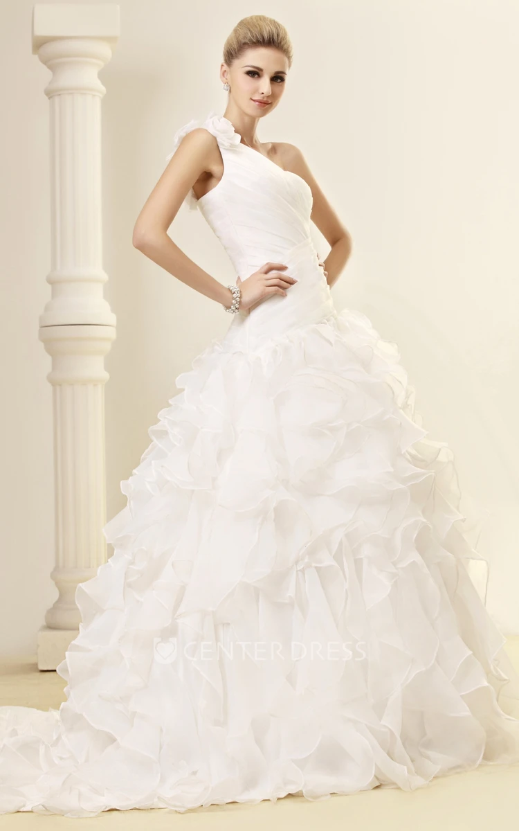 One-Shoulder Criss-Cross A-Line Organza Wedding Gown With Ruffles