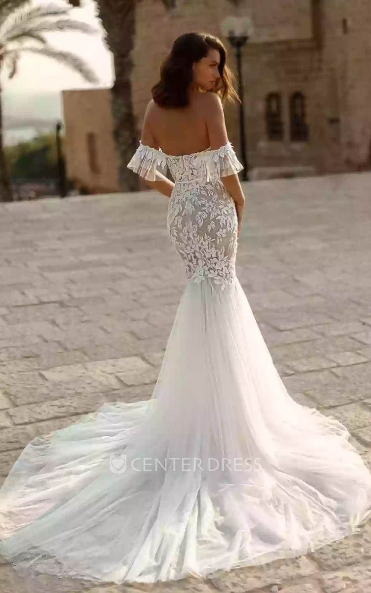 Country Lace Mermaid Wedding Dress with Off-the-Shoulder Appliques and Open Back