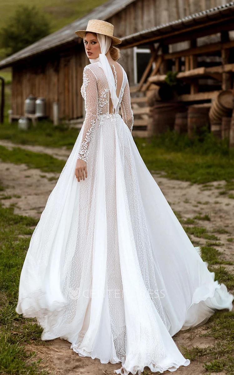 Romantic Lace A-Line Garden Wedding Dress with V-neck and Button Back Lace A-Line Romantic Garden V-neck Button Back Wedding Dress