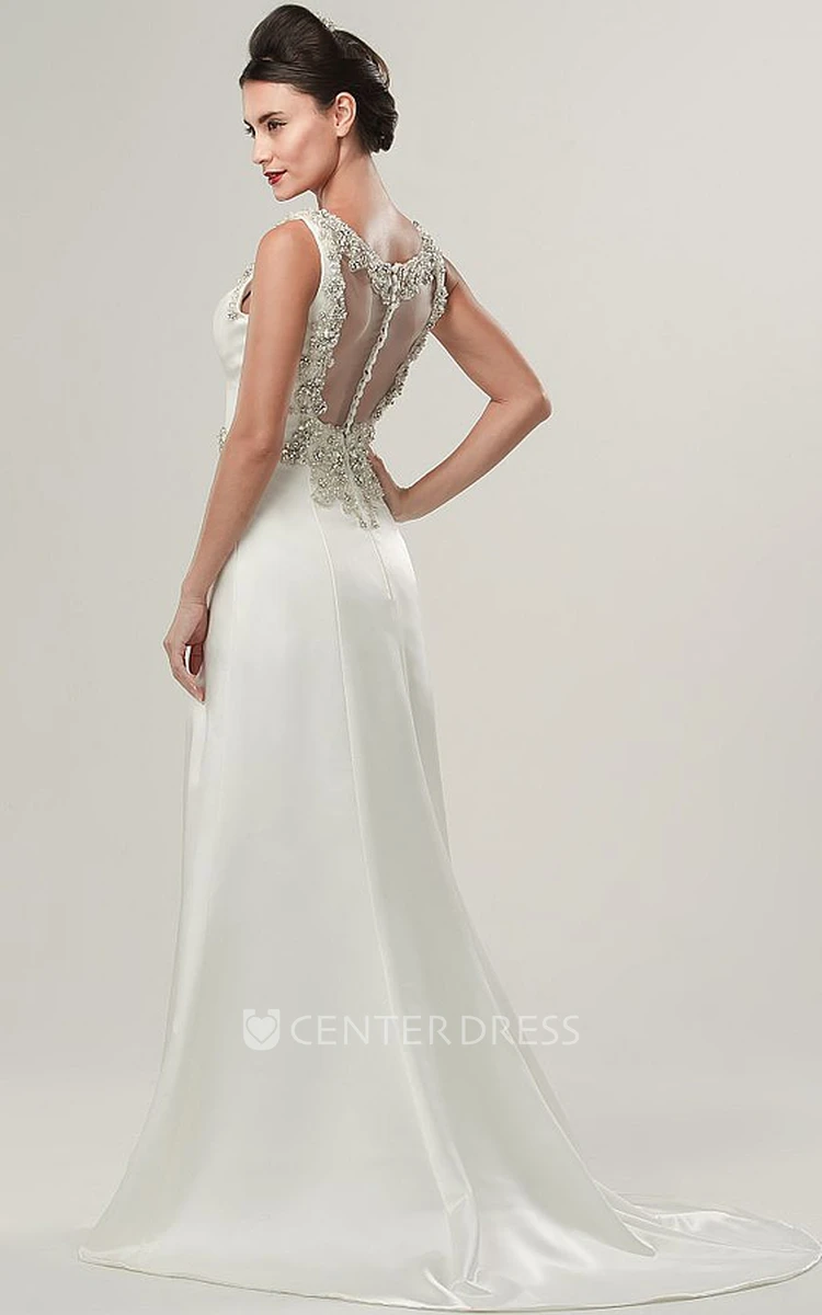 Square Maxi Beaded Satin Wedding Dress With Sweep Train And Illusion