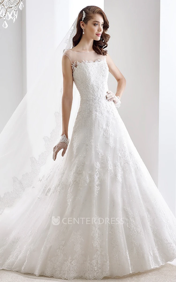 A-Line Brush-Train Lace Gown With Illusive Neckline And V Back