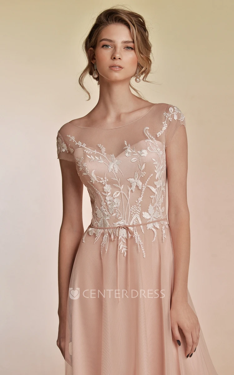 Casual Bateau Neckline A-Line Tulle Formal Dress With Lace-up Back And Sash