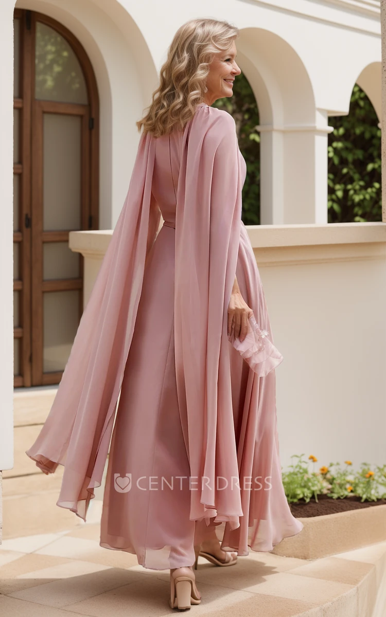 Jewel Neck Chiffon A-Line Elegant Women Ankle-length Sleeveless Zipper Back with Cape Guest Evening Cocktail Dress