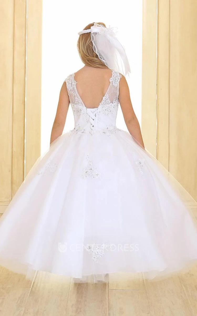Beaded Tiered Tulle&Lace Flower Girl Dress With Illusion