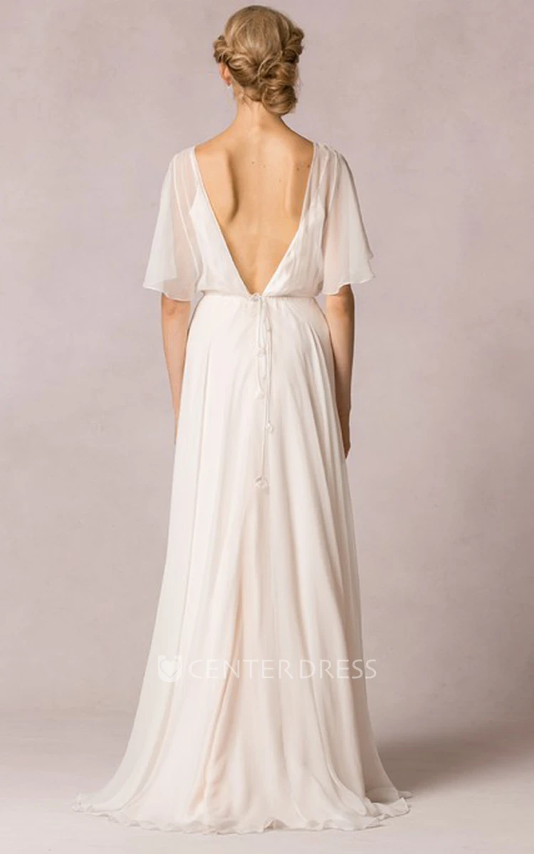 Sheath Scoop-Neck Floor-Length Poet-Sleeve Appliqued Chiffon Wedding Dress With Pleats