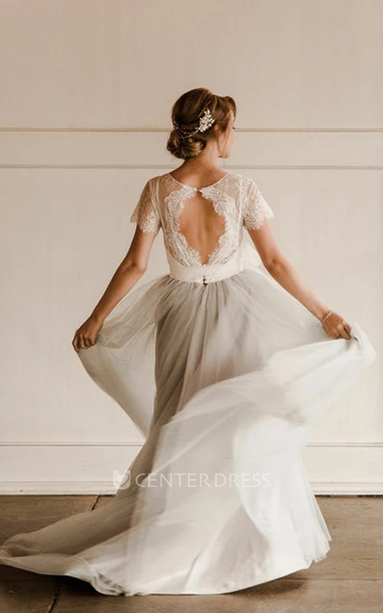 Tulle Bohemian A-Line Jewel Neckline Wedding Dress With Keyhole Back And Appliques