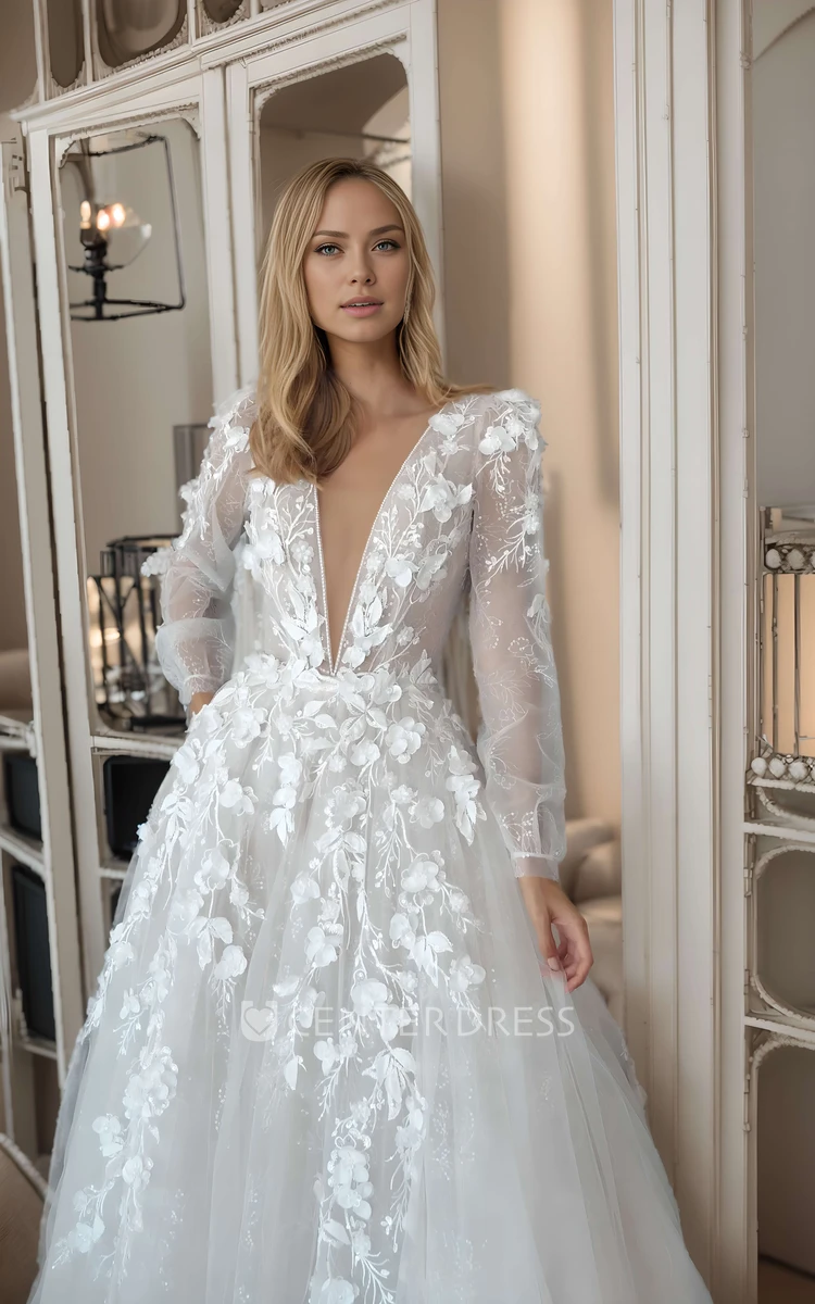 Graceful Elegant A-Line Lace Long Sleeve Winter Wedding Dress with Long Train Ethereal Princess Plunging Neckline Garden Bridal Gown