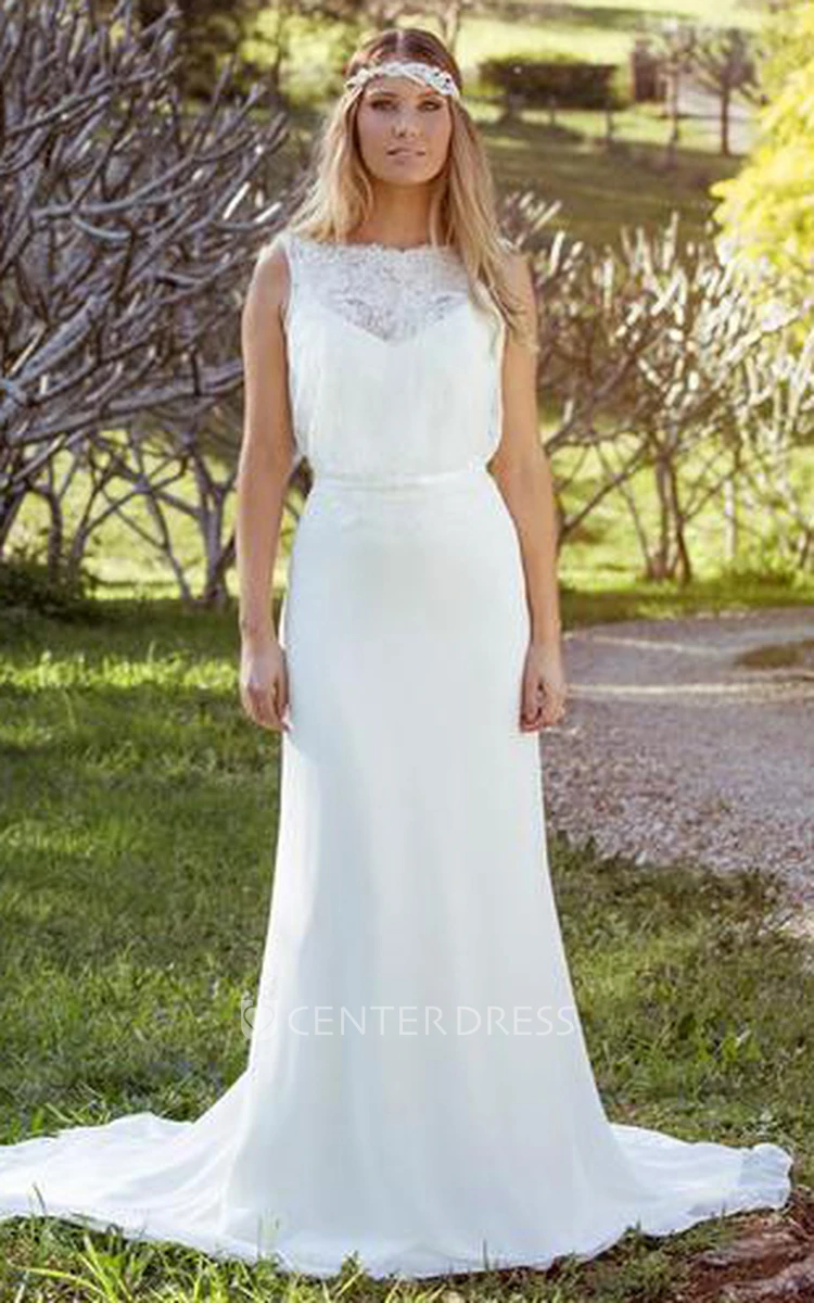 Sheath Lace Sleeveless Floor-Length Chiffon Wedding Dress With Court Train And Illusion Back