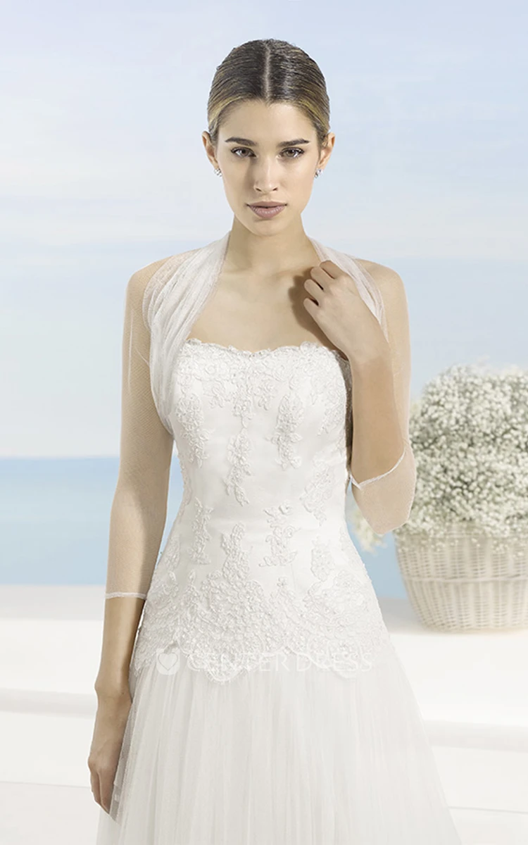 A-Line Strapless Floor-Length Appliqued Sleeveless Tulle Wedding Dress With Cape