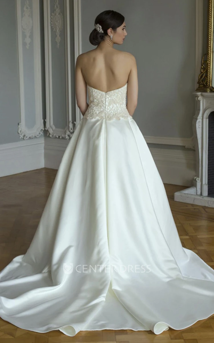 A-Line Long Sweetheart Satin Wedding Dress With Appliques And V Back