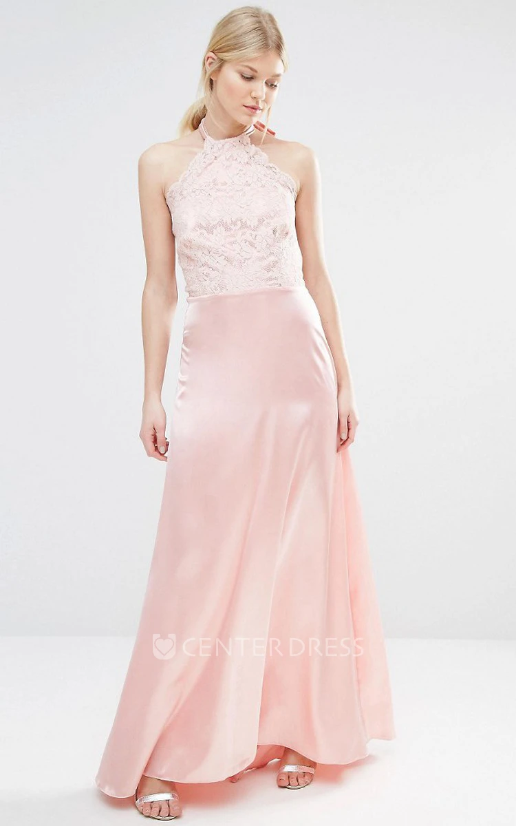 Sheath Long-Sleeveless High Neck Satin Bridesmaid Dress With Lace