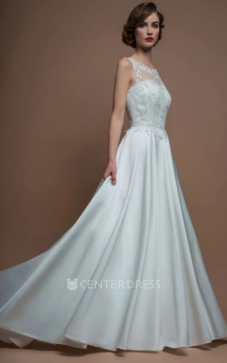 A-Line Sleeveless Floor-Length Appliqued Scoop Satin Wedding Dress With Brush Train And Illusion Back