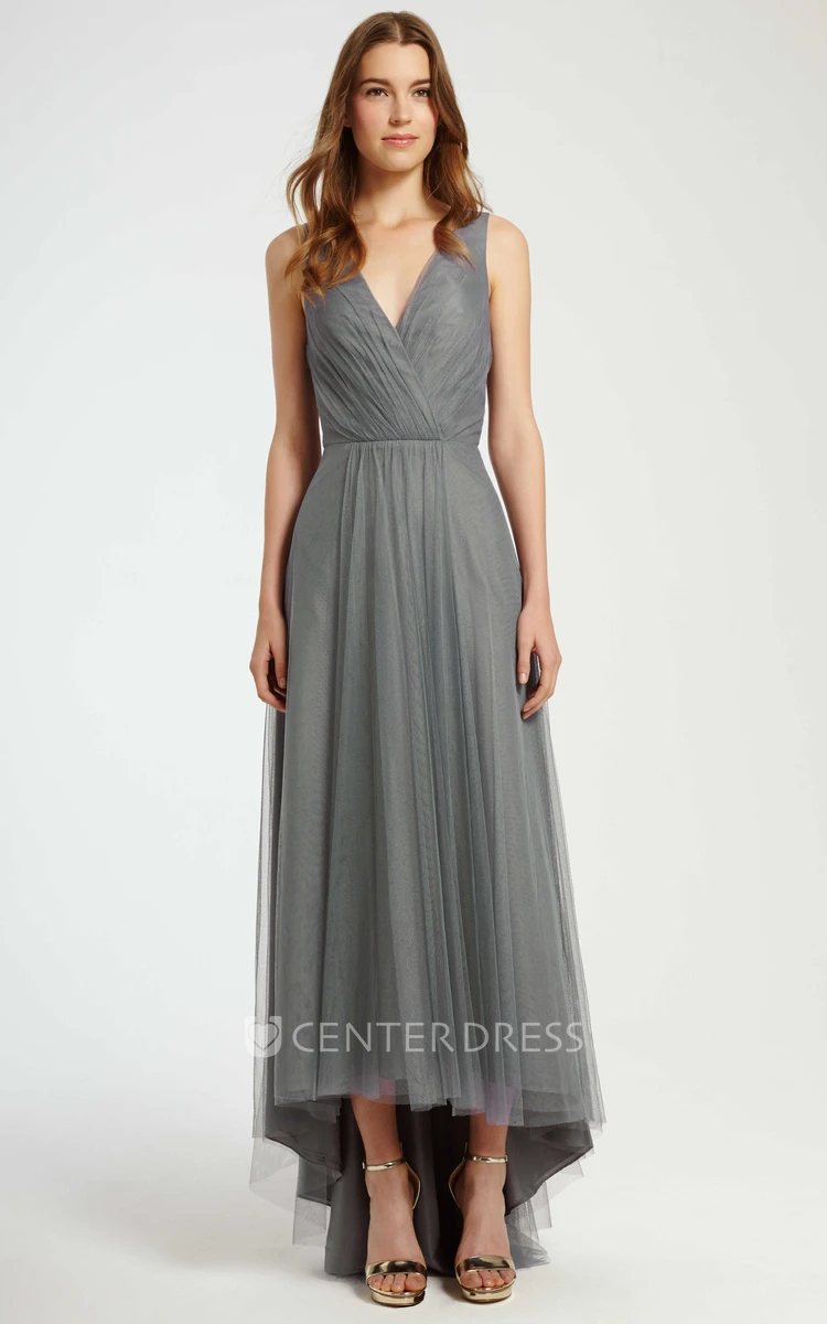 High-Low Ruched Strapless Tulle Bridesmaid Dress With Brush Train